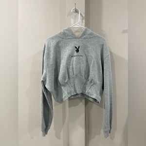 Missguided, playboy, gray, crop top hoodie